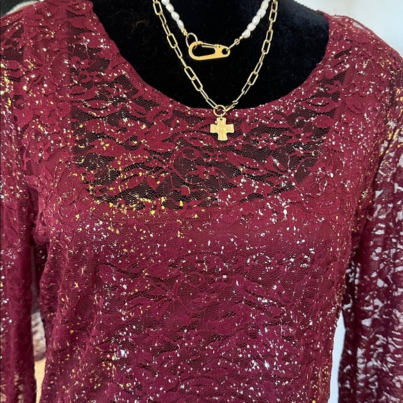 Reba Burgundy Lace Long-Sleeve Scoop Neck Top - Picture 2 of 6